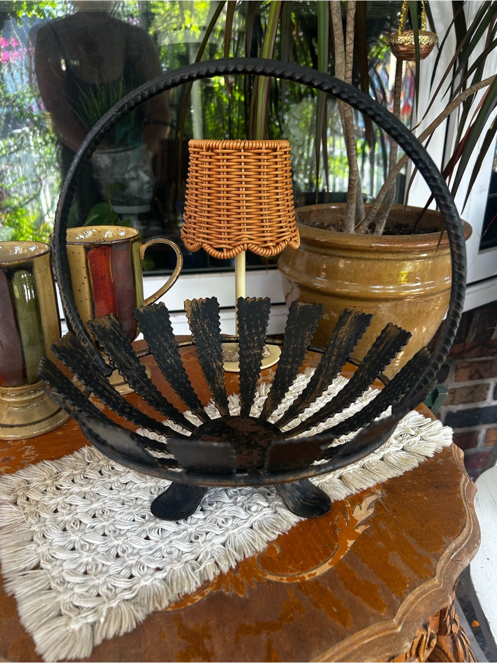 Vintage Brutalist Wrought Iron Basket Bowl